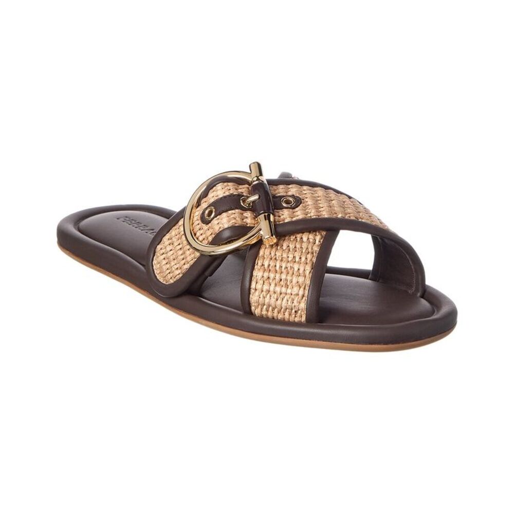 Ferragamo Double Strap Gancini Raffia & Leather Sandal, Brown